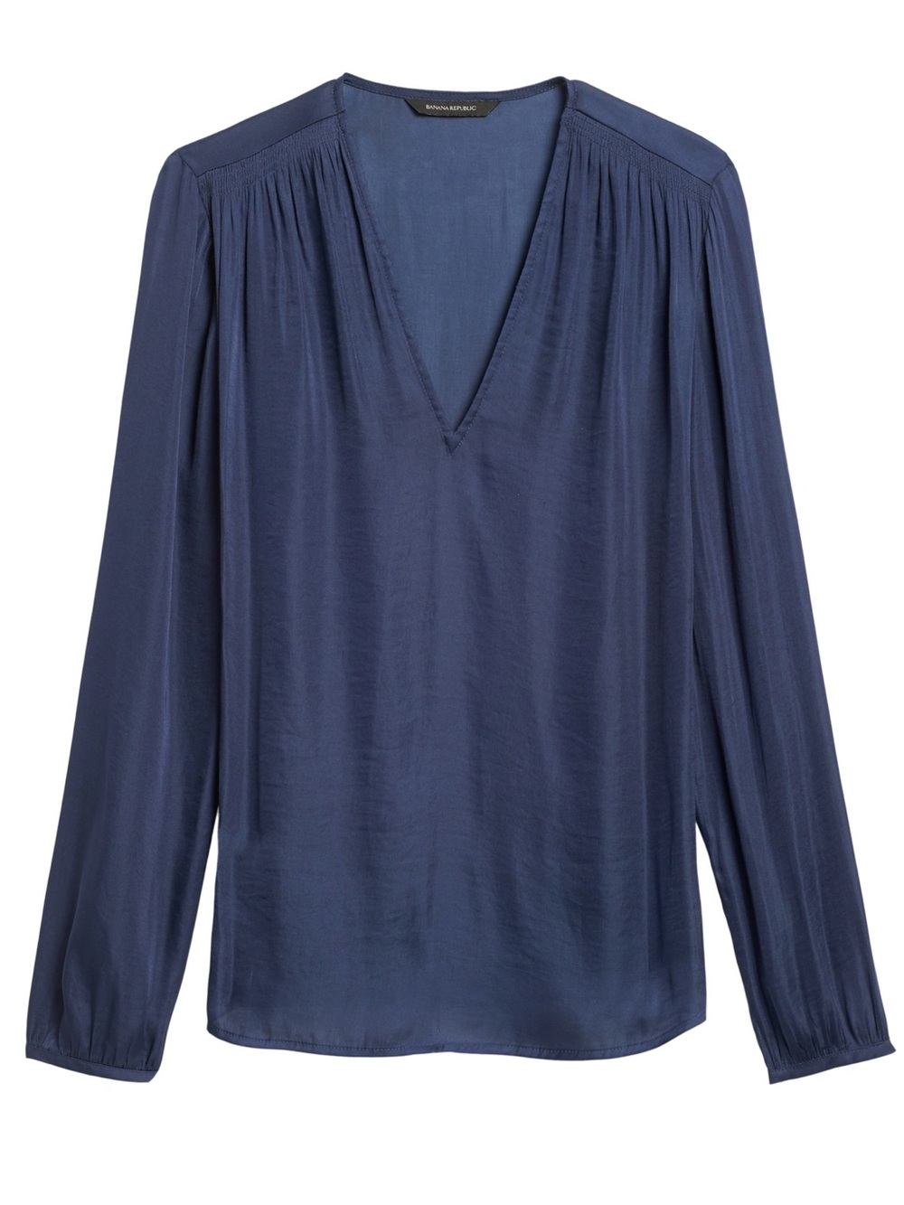 EUC Banana Republic Soft Satin Smocked Blouse Long Sleeve Elegant Pacific Navy L